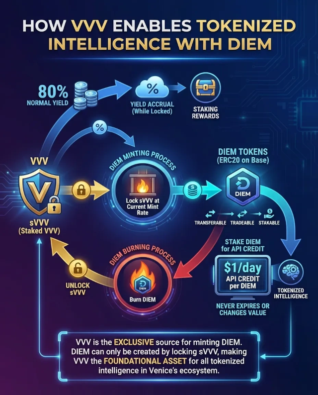 Infographic showing how VVV enables tokenized intelligence with DIEM v2